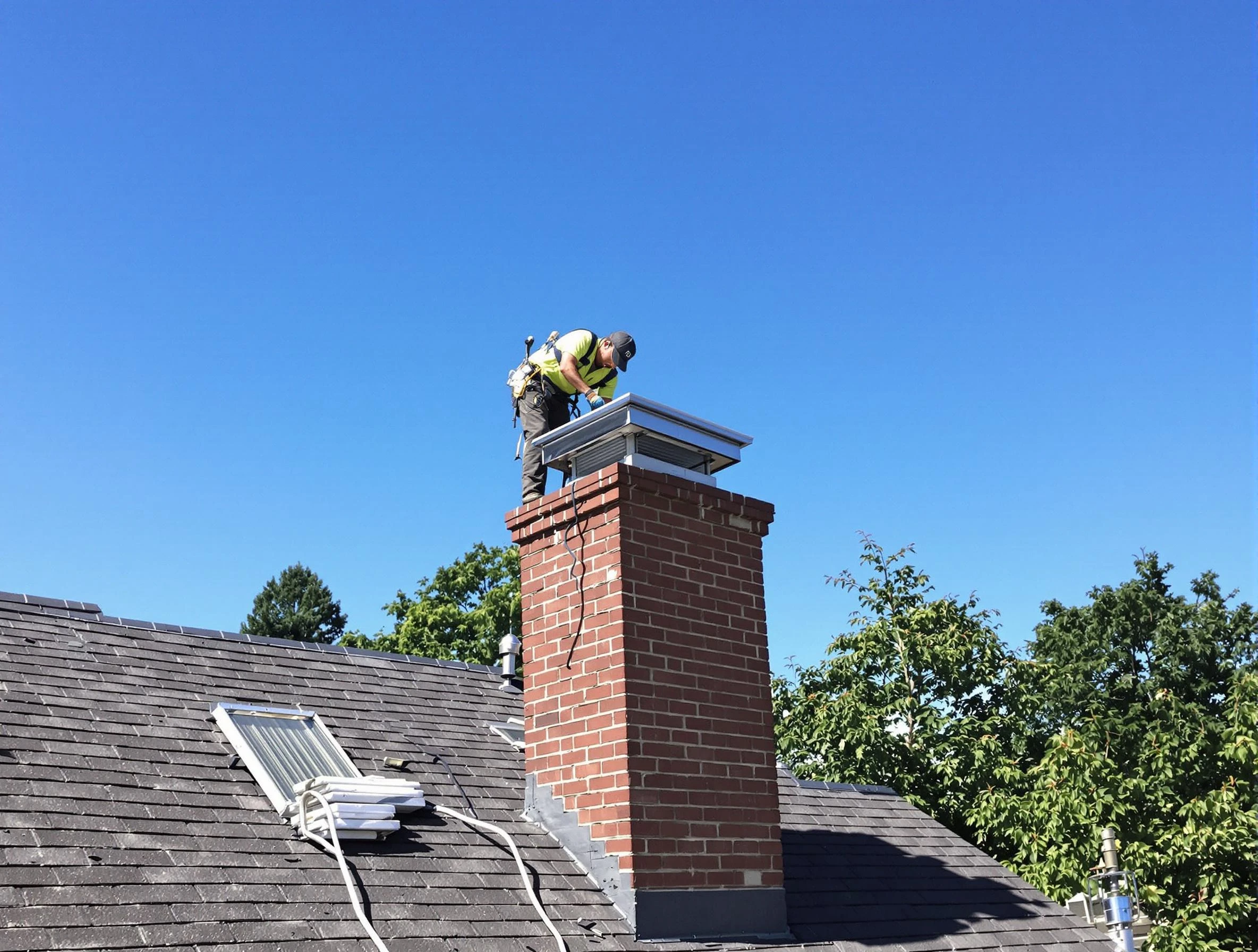New Sewickley Chimney Sweep technician measuring a chimney cap in New Sewickley, PA